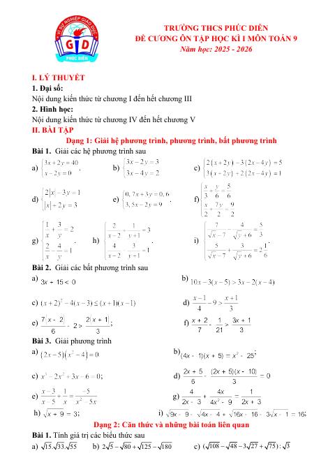 Đề cương học kì 1 Toán 9 năm 2025 – 2026 trường THCS Phúc Diễn – Hà Nội (bản Word)